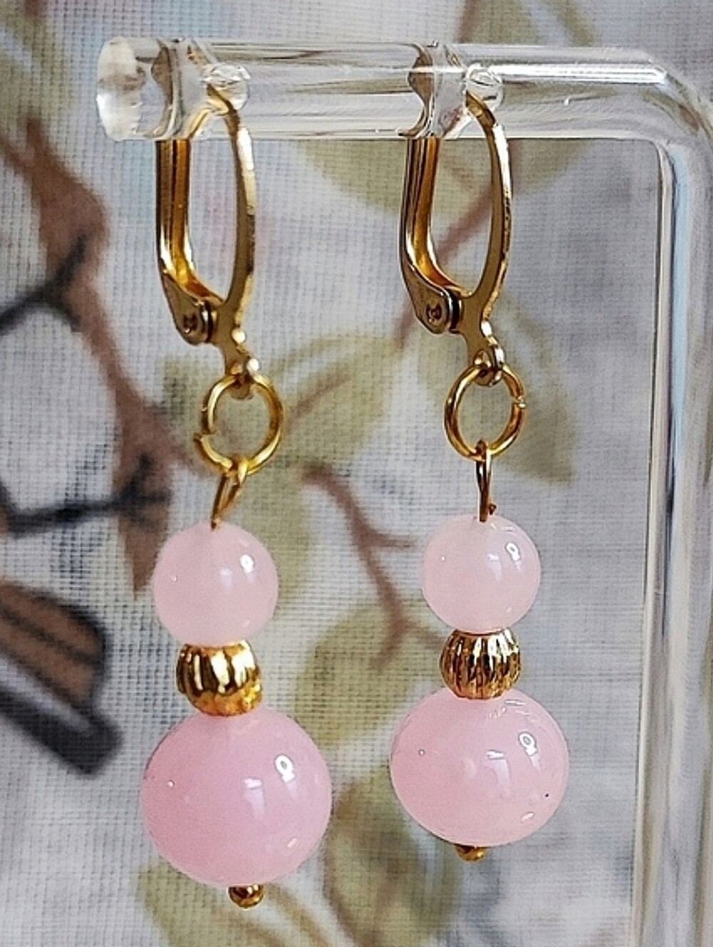 Rose Quartz Dual Round Gold Tone Pink Stone Pierced Earrings Feminine Delicate